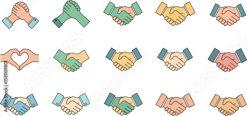 Collection of colorful handshakes, hand gestures and arm wrestling