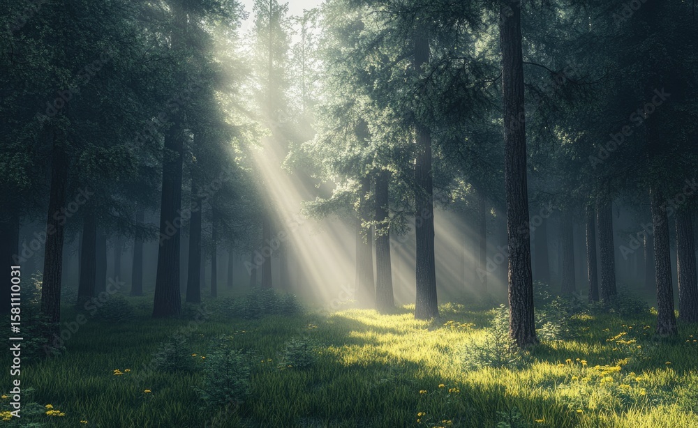 Obraz premium Sunlight streams through misty forest (1)