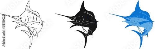 Marlin fish vector set displays outline, silhouette, and colored version
