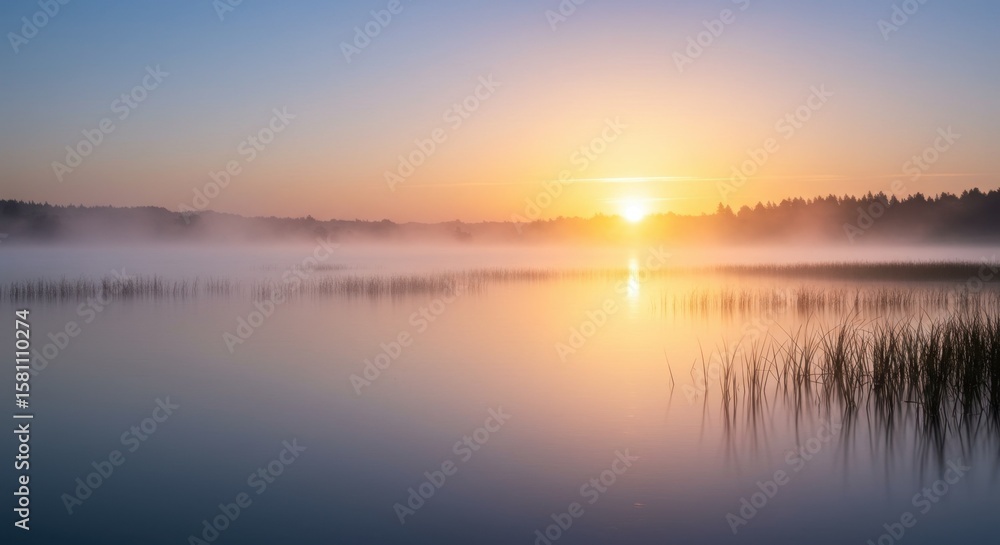 Fototapeta premium Misty Lake Sunrise with Warm Colors