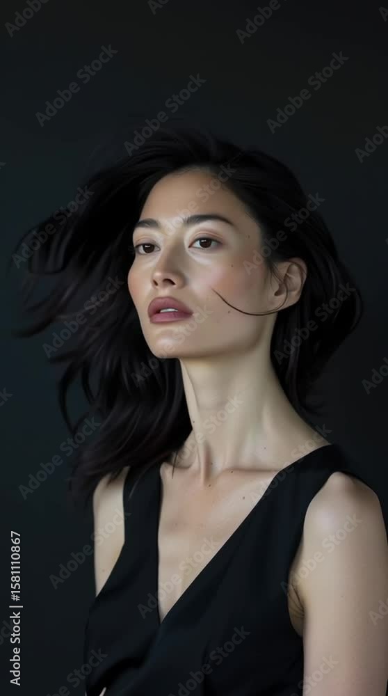 Woman Profile Black Dress with Dark Background, Elegant Fashion Beauty Model Showcasing Hairstyle and Portrait, Confident Asian Woman Portrait Black Dress, Fashionable Model with Elegant Beauty Woman Profile Black Dress with Dark Background, Elegant Fashion Beauty Model Showcasing Hairstyle and Portrait, Confident Asian Woman Portrait Black Dress, Fashionable Model with Elegant Beauty
