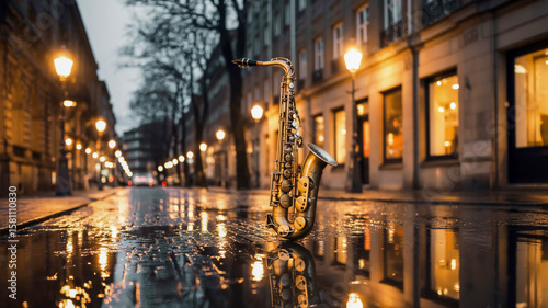 Golden saxophone reflects on wet city street under warm lamplight