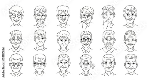 Collection of Line Art Portraits of Aging Men Various Expressions.