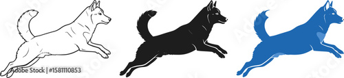 Running dogs display in black, blue, and outline styles, perfect design element