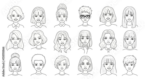 Diverse Cartoon Faces Black and White Line Art Portraits of Women and a Man.