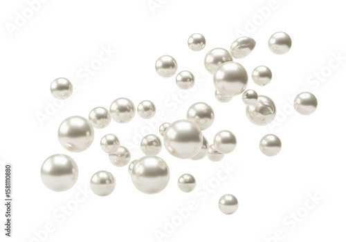 Dynamic scattering of iridescent white pearls of varying sizes, subtly shimmering and perfectly spherical, floating on a clean white background with copy space, concept of refined luxury