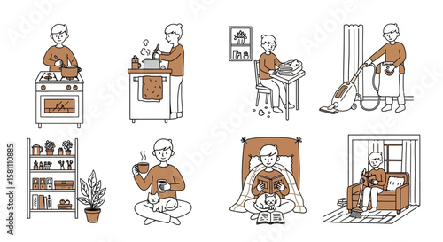 Cozy Home Life Illustrated Scenes of Daily Routine Simple Line Art Warm Tones.