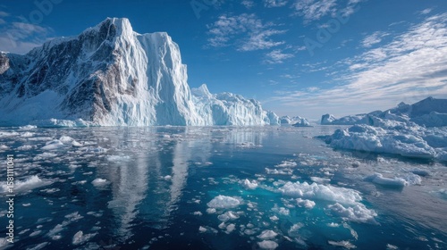 Wallpaper Mural Towering icebergs rise dramatically from the tranquil sea, illuminated by bright sunlight on a clear day in Arctic waters. Ice chunks float serenely around the coastline. Torontodigital.ca