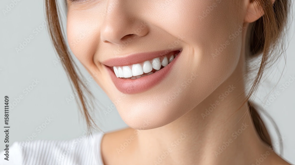 A woman smiles brightly, revealing perfectly aligned white teeth with minimal spacing, set against a soft beige background A woman smiles brightly, revealing perfectly aligned white teeth with minimal spacing, set against a soft beige background