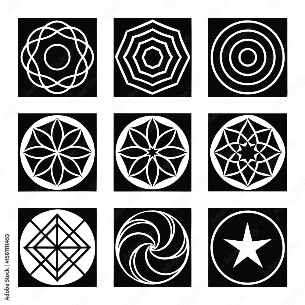 Fototapeta premium Nine Black and White Geometric Forms Pixel Perfect Solid Shapes Bundle geometric shapes