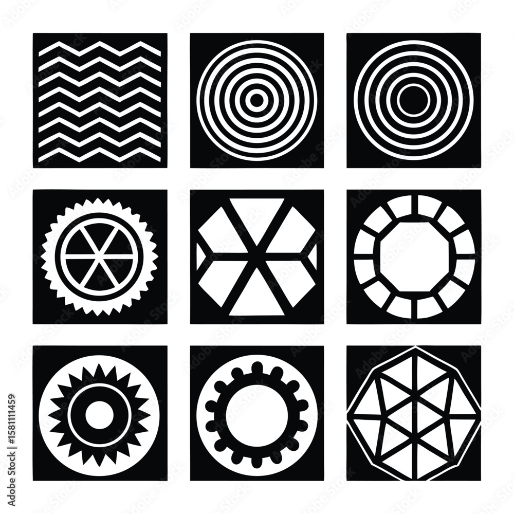 Fototapeta premium Nine Black and White Geometric Shapes Minimalist Matrix Abstract Vector Design Bundle