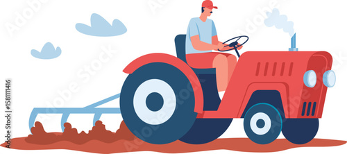 Farmer driving a bright red tractor, plowing the field with a cultivator under a vast blue sky filled with clouds, diligently preparing the soil for upcoming sowing activities