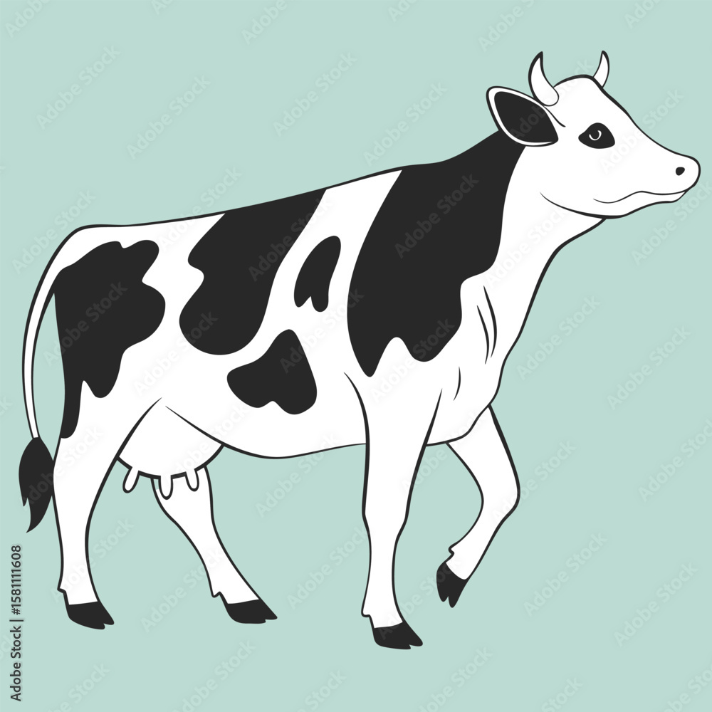 Fototapeta premium Vector art of a black and white spotted cow walks calmly in a field