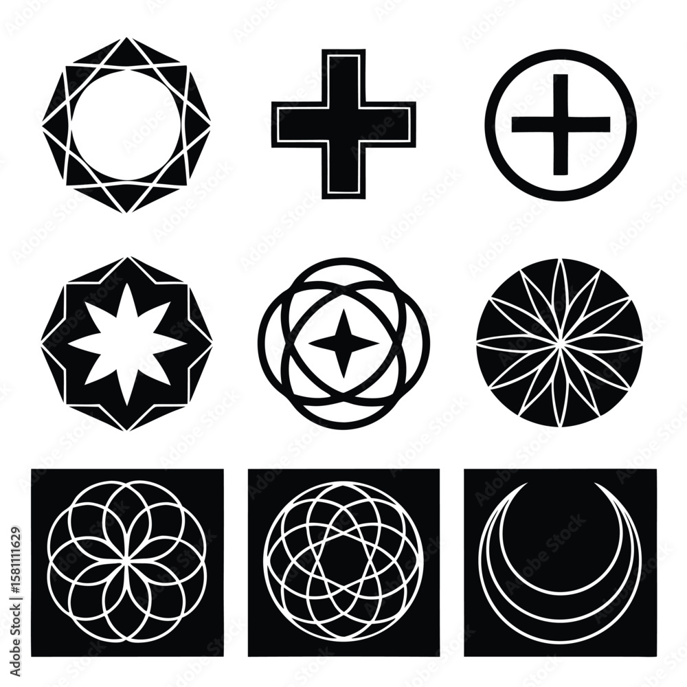 Fototapeta premium Nine Monochrome Geometric Shapes Set Black White Circular Cross Star Flower Forms Pixel Perfect