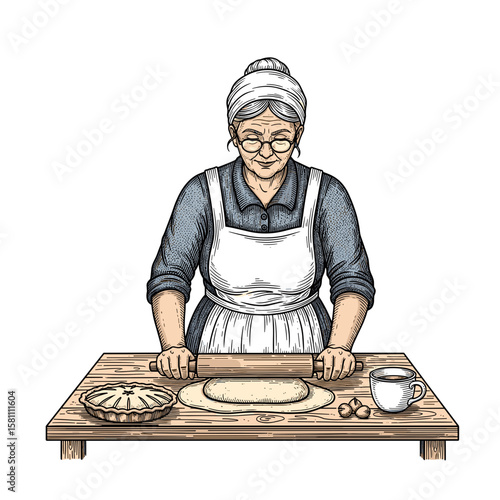 Elderly woman rolling dough for pie in a cozy kitchen setting  