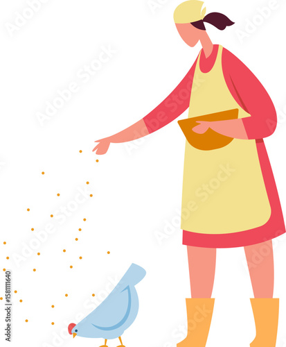 Female farmer in apron and rubber boots feeding hens seeds on a poultry farm, nurturing domestic birds and ensuring balanced nutrition for livestock