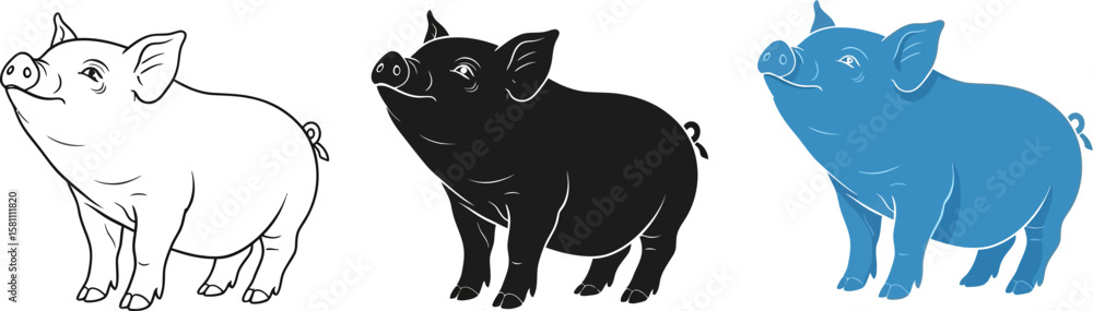 Obraz premium Cute little pig in three styles illustration vector set