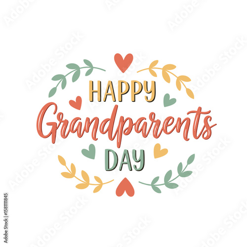 Happy Grandparents Day decorative text with hearts and leaves  