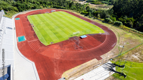 Aerial view of the Manuela Machado Municipal Stadium, nearby Viana do Castelo, Portugal. Consisting of a stadium football field with synthetic turf and an athletics track with ten tracks.