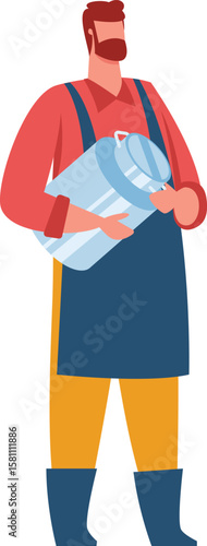 Bearded farmer carrying a large metal milk can, embodying the essence of traditional dairy farming and the production of fresh, nutritious milk in a rural setting