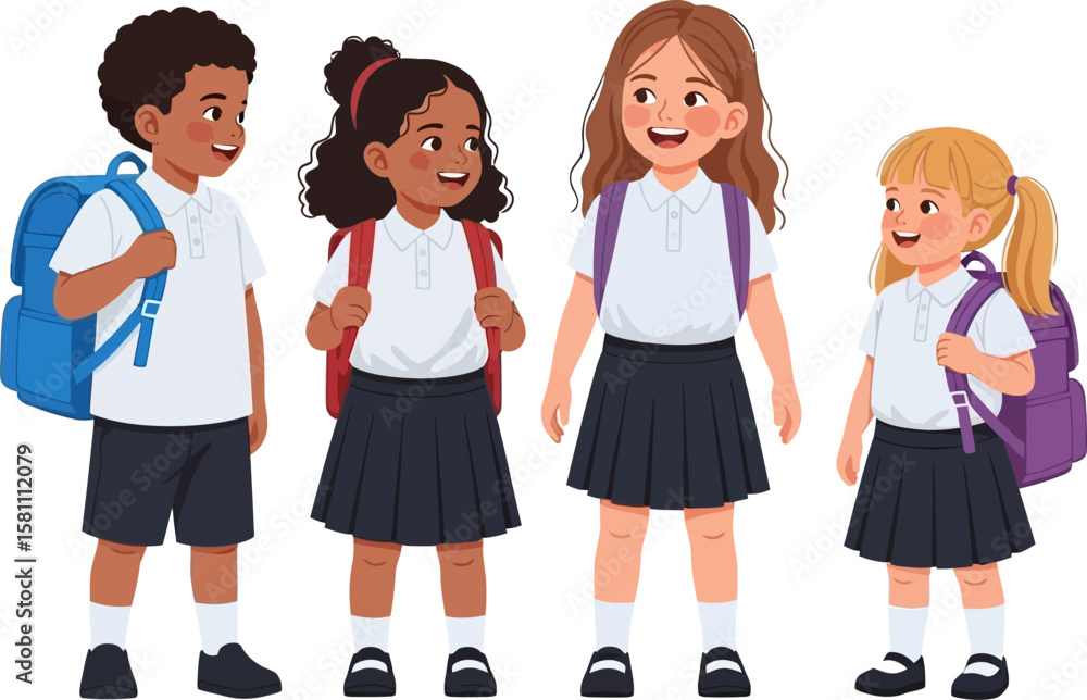 Cheerful elementary school students in uniforms with backpacks ready for school Cheerful elementary school students in uniforms with backpacks ready for school