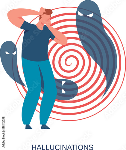 Man suffering from hallucinations covering his ears with his hands while experiencing visual and auditory hallucinations represented by ghosts and a spiral background