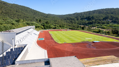 Aerial view of the Manuela Machado Municipal Stadium, nearby Viana do Castelo, Portugal. Consisting of a stadium football field with synthetic turf and an athletics track with ten tracks.