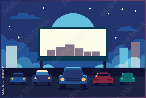 Outdoor cinema, drive-in movie theater with cars on open air parking. Vector cartoon summer night city, automobiles. Urban entertainment, film AI