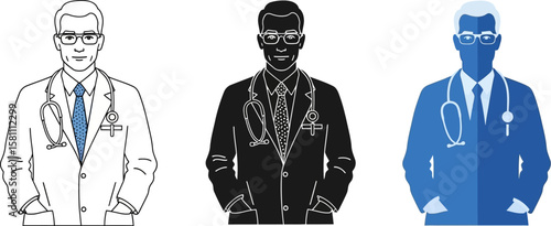 Medical professional illustration in three styles doctor depiction
