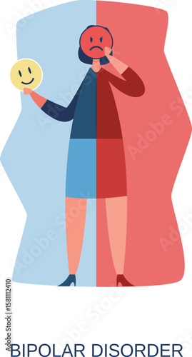 Woman experiencing bipolar disorder is holding a happy mask in one hand and covering her face with a sad mask with the other hand, showing the sudden mood swings caused by the mental illness