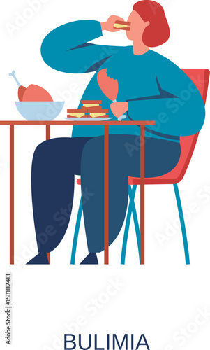Young woman sitting at the table eating a sandwich and holding a chicken leg, suffering from bulimia and having an uncontrolled binge eating disorder, healthcare and medicine concept