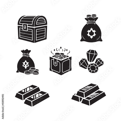 Black and White Treasure Chests Bags Coins Diamonds and Gold Bars