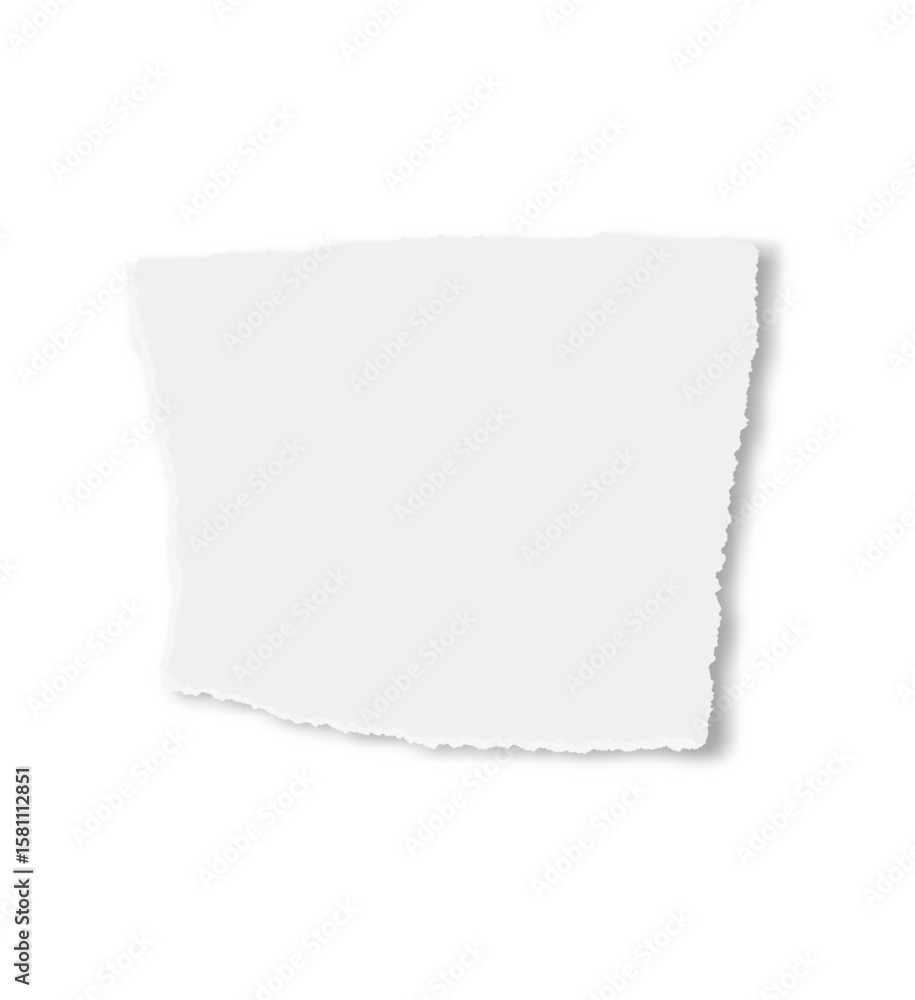 Fototapeta premium White torn piece of paper resting on a white background, casting a soft shadow that enhances its realistic appearance, serves as a versatile design element for various creative projects