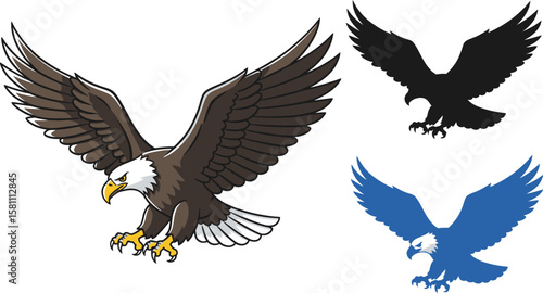 Majestic bald eagle swooping down with spread wings, featuring color variations