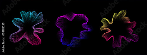 Set of multicolored round abstract sound dots wave oscillations. Sound curve. Digital equalizer. Colorful neon template for music poster and banner. Vector radial spectrum.