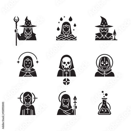 Black Icon Set of Fantasy Characters and Scientific Elements