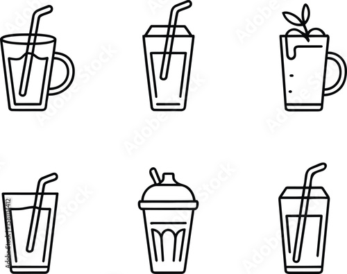 Collection of Six Minimalist Line Art Drink Icons: Refreshing Beverages