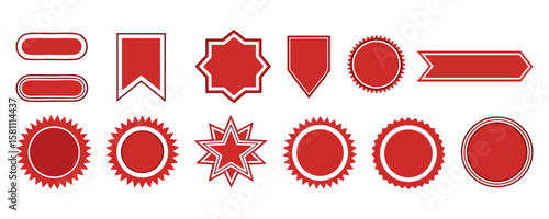 Set of red vector labels and badges. Modern graphic elements like round, star, flag, and rectangular shapes for sale, discount, promotion, e-commerce, and marketing design projects.
