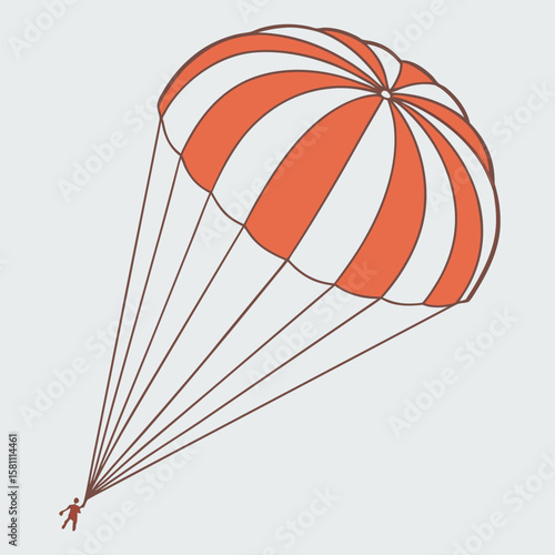 Vector art of a skydiver descends under a large orange and white striped parachute