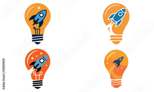 Rocket inside lightbulb icons representing startup innovation and creative idea launch
