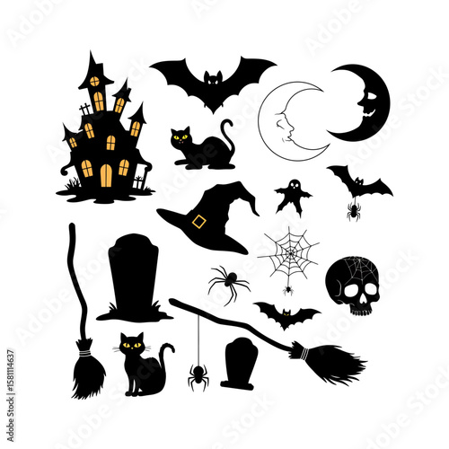 Collection of halloween icons with a haunted house and witch elements