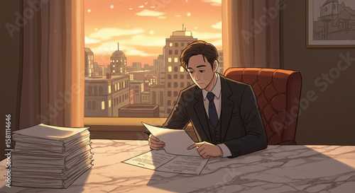 Man Reviewing Documents in Office with City View at Sunset Illustration