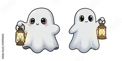 Two cute cartoon ghosts holding lanterns for halloween night