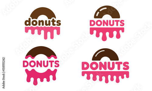 Donut logo icons with pink frosting and chocolate glaze in sweet bakery design
