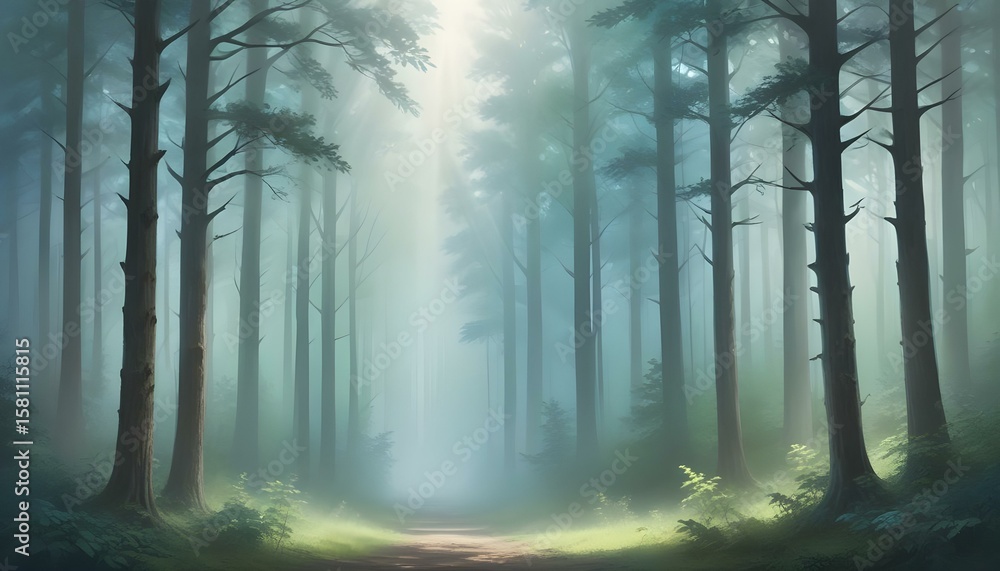 Naklejka premium Ethereal forest bathed in sunlight, creating a mystical and dreamy atmosphere.