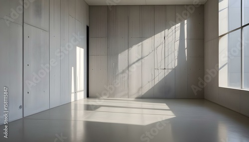 Sunlit minimalist interior with concrete walls and polished floor.