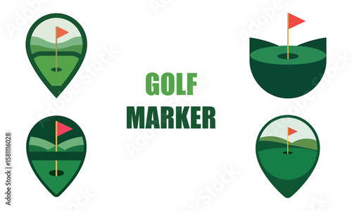 Golf marker icons with flag and green landscape in flat design style
