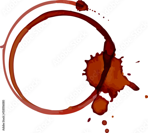 Brown coffee or tea cup stain forming a messy circular ring with splash marks on a white background, representing clumsiness and morning beverage routines