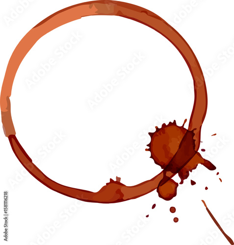 Coffee cup ring stain with splash forming a dynamic shape, suggesting movement and energy, perfect for representing coffee breaks, mornings, or the aftermath of a spilled drink