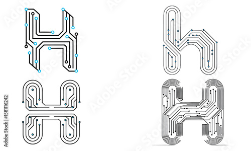 Circuit board styled letter h icons with electronic pattern and tech line elements
